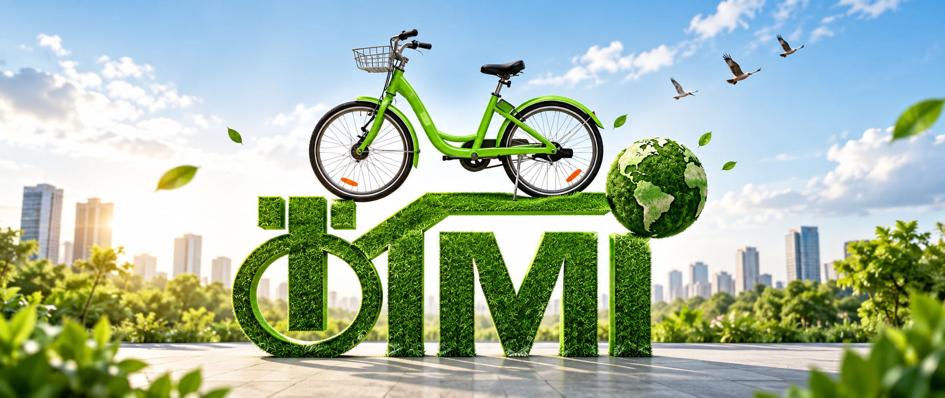 Bicicleta verde TIMI num cenário urbano sustentável